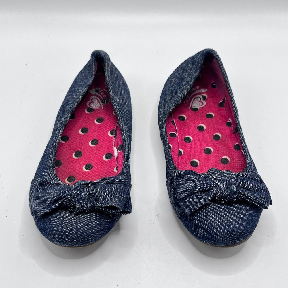 The Childrens Place Girls Denim Ballet Flats Blue Bow Polka Dot Size 2
